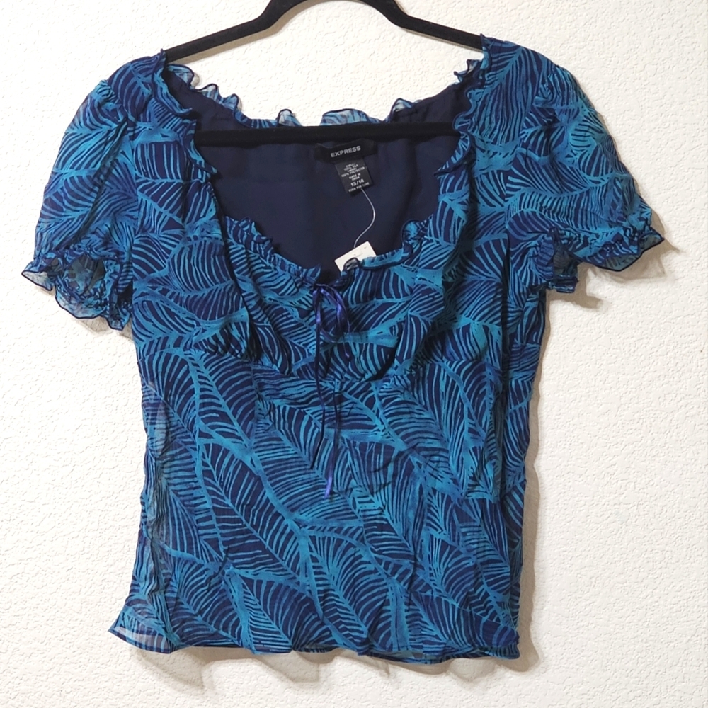 Express Blouse Womens 13/14 Short Sleeve Ruffle Front Tie Lined Blue 100% Silk